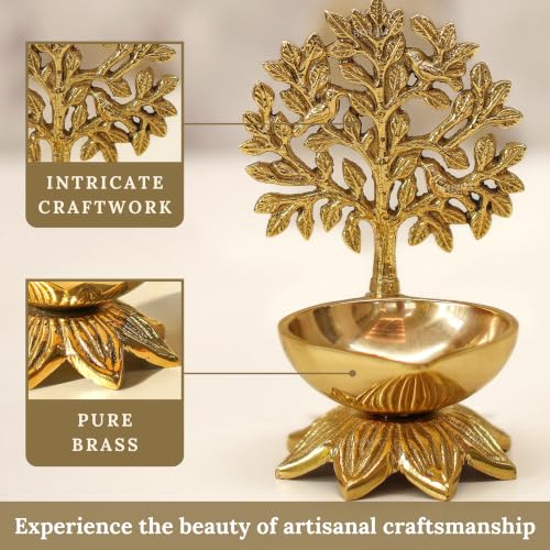 Image of Behoma 100% Pure Brass Kalpvriksha Diya Set of 5 for Puja | Handcrafted Tree of Life Deepak for Mandir, Temple, Home Decor & Office | Decorative Brass Oil Lamp | Diwali Gift & Return Gift