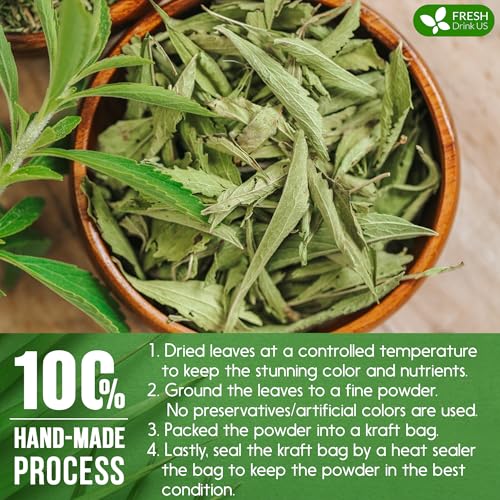 Image of FreshDrinkUS, Premium 4.5oz Stevia Leaf Powder, Unprocessed Ground Stevia Leaves, 100% Natural & Pure, Stevia Leaf Sugar Substitutes, Natural Zero-Calorie Sweetener, No Additives, No Gluten, Vegan.