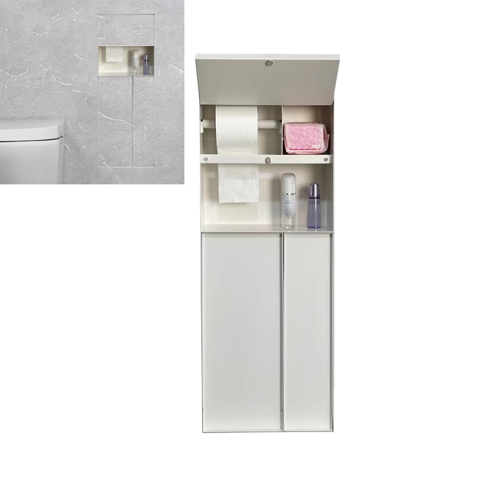 Unterputz Toilettenpapierhalter mit Abfalleimer und WC Bürste aus Edelstahl 304, für WC und Dusche(White,79x35x13cm/31x13x5in)