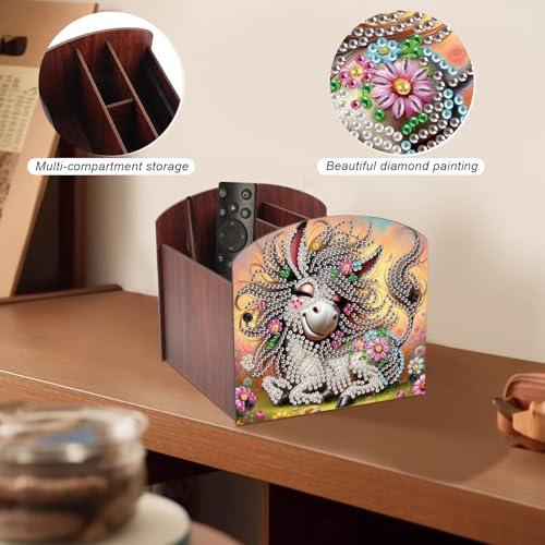 Image of Diamond Painting Wooden Desk Organizer Donkey Design, DIY Diamond Art Storage Box for Home Office Tabletop, Decorative Wooden Craft Organizer for Stationery & Accessories