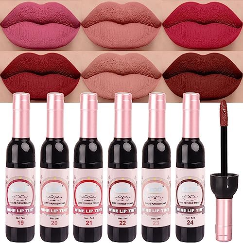 6Pcs Wine Bottle Lip Tint Stain Mauve Light rosey nude Ruby red Dark red Light pink beige Red brown Matte Liquid Lipstick Lip Gloss Sets for Women labiales mate 24 horas originales en forma de vino