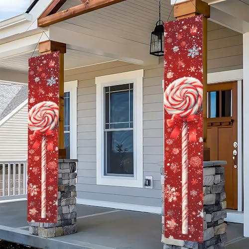 Image of Sweet Candy Cane Porch Banner 11.81x70.87 Inch, Red Snowflake Lollipop Door Sign for Mother's Day, Festive Birthday Party Welcome Flag, Weatherproof Fabric Hanging Decor