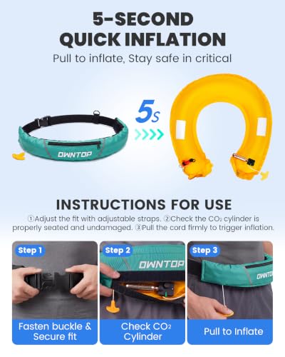 Image of Owntop Manual Inflatable Belt Pack, Adults Swim Jacket with Blowpipe & Whistle, 24g CO2 Cylinder Included, Low Profile for Kayaking, Fishing, Paddle Sports