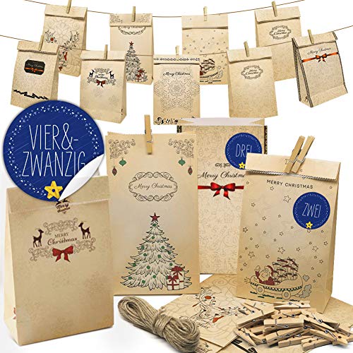 Amteker Calendario de Adviento para Rellenar  Calendario de Navidad Bolsas de Papel, 1  24 Pegatinas con números, cordón de Yute, 24 Pinzas para la Ropa, 24 Bolsas, Reutilizable