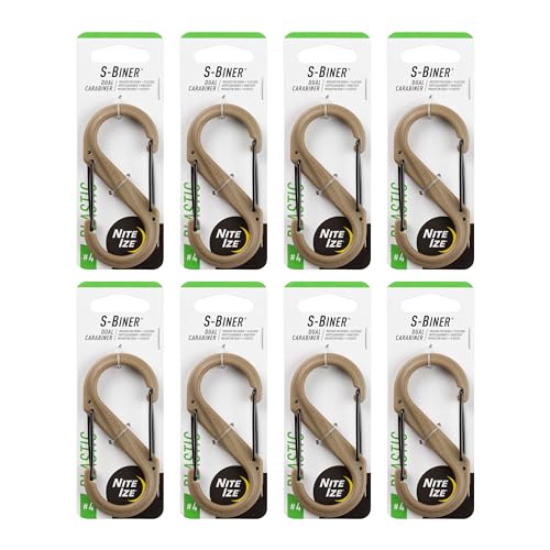 Nite Ize S-Biner Dual Carabiner Plastic - Durable Dual Carabiner with Wire Gate Closure for Organizing Keys & Keychain Attachments - Size 4, Coyote (8 Pack)