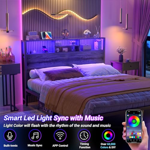 Image of Aheaplus Headboard for Queen Size Bed with Storage, Headboards with Outlets | Queen Size Head Board Only, USB Ports and LED Light, Height Adjustable, Reversible, Sturdy and Stable Headboard, Black Oak