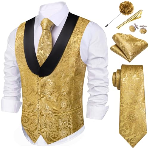 Barry.Wang Mens Paisley Vest Tie Set Silk Jacquard Flower Shawl Collar Suit Waistcoat Tuxedo 6PC Wedding Party