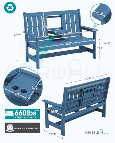 Image of SERWALL HDPE Outdoor Bench with Cup Holder Oversized 58 inch Porch Bench, Navy