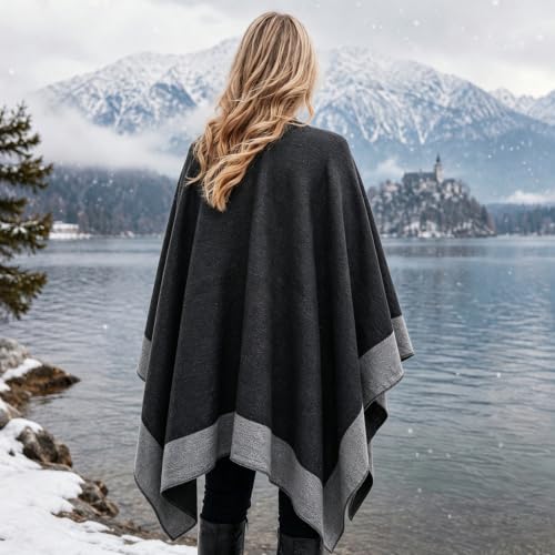Image of Plaid Shawl Wrap for Women Boho Open Front Poncho Wrap Fall Winter
