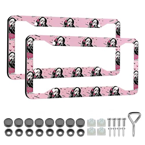 LIN KANG License Plate Frame Holder for Women - 2 Pack Universal Pink Car Plate Holder Cover Cute Horror Ghost Skull Face Car Tag Cover Holder with Free Screws Fasteners Caps