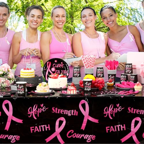 Image of Funnymoom 452 Pcs Breast Cancer Awareness Decoration Black Pink Cure Faith Love Paper Plates Napkins Cups Tablecloth Cutlery Straws for Breast Cancer Awareness Month Women Charity Activities Supplies
