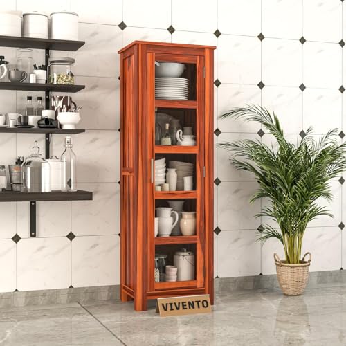 Image of SUNCOM Solid Sheesham Wood Book Shelf - Showcase Glass Door Crockery Storage Unit Or Bookcase, 5-Shelf Wooden Book Rack, Display Cabinet Furniture for Home, Kitchen & Library Areas (Natural Finish)