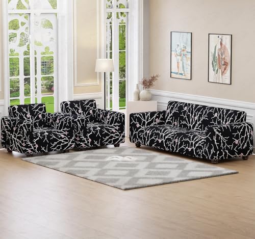 Image of Lukzer 5 Seater Sofa Cover - Black Stem | Universal Sofa Cover 3+1+1 Seater | 360 Fully Covered Anti-Slip Washable Couch Cover Protecter | 140 GSM Stretch Fit Polyester + Spandex Slipcover SC-001-05