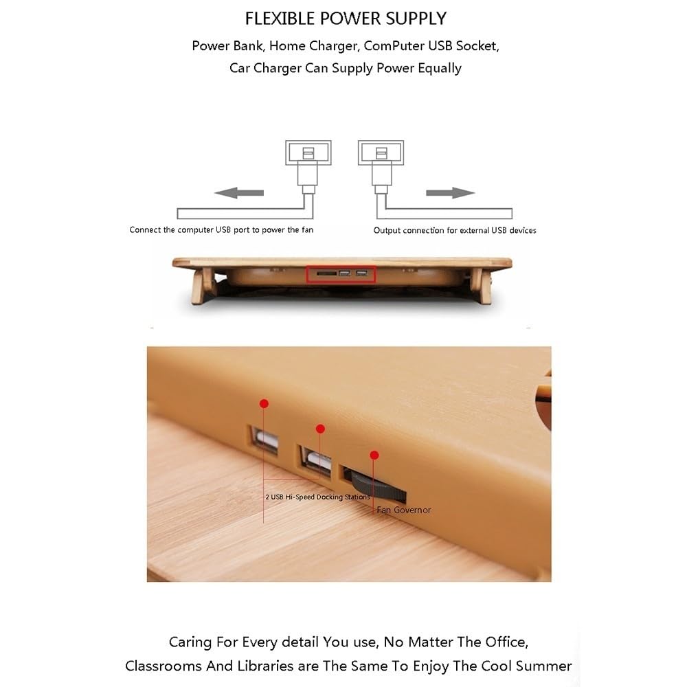 Soporte ajustable de bambú para laptop, soporte de refrigeración para portátil con ventilador doble y 2 puertos USB (pequeño)
