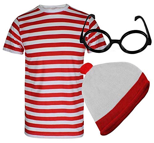 Style Wise Fashion Womens Mens Red and White T Shirt Hat Glasses Set Unisex Stripe Tshirts Hat Glasses Set Book Week Fancy Dress Costume Book Week Halloween Christmas Parties