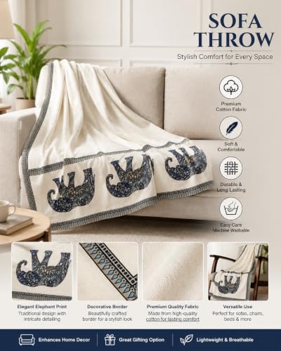 Image of Elephant Walk Printed Throw, Pack of 1 | Cotton, For Sofa Couch & Bed, Decorative for Living Room, Soft Lightweight Cozy