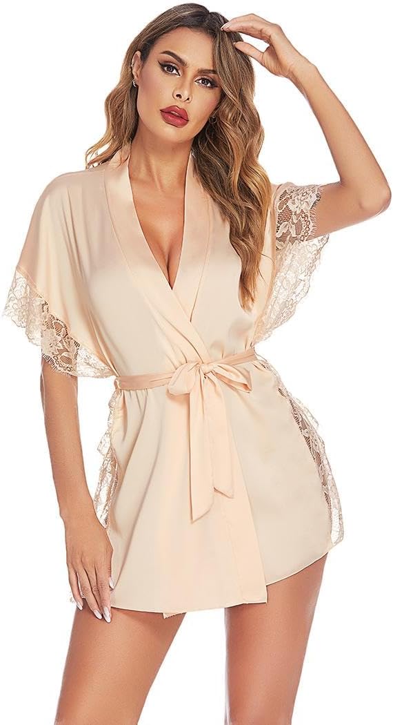 ELESOL Women Lingerie Robe Satin Sleepwear Eyelash Lace Kimono Side Split Sexy Silk Robes Robes