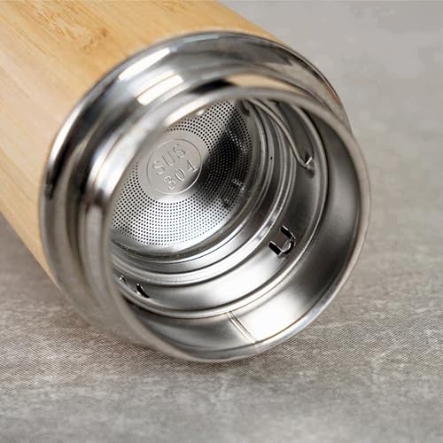 Image of Double Wall Customize Eco Friendly Bamboo Water Bottle Vacuum Insulated Personalized Your Name Logo Brand Flask Steel with Handle for Hot & Cold Drink 500ml