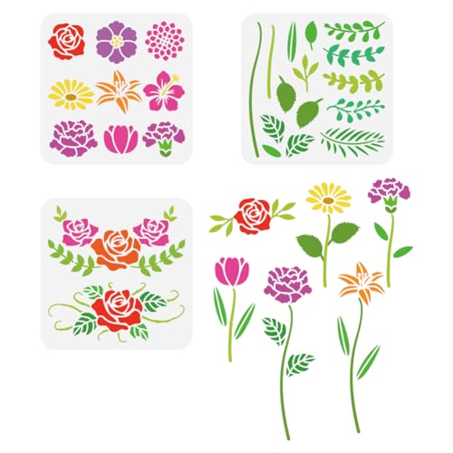 FINGERINSPIRE 3pc Combination Flowers Painting Stencil 20x20cm PET Plants Themes Spraying Reusable Hibiscus Rose Dahlia Daisy Lily Tulip Carnation Pattern Wall Stencil Template