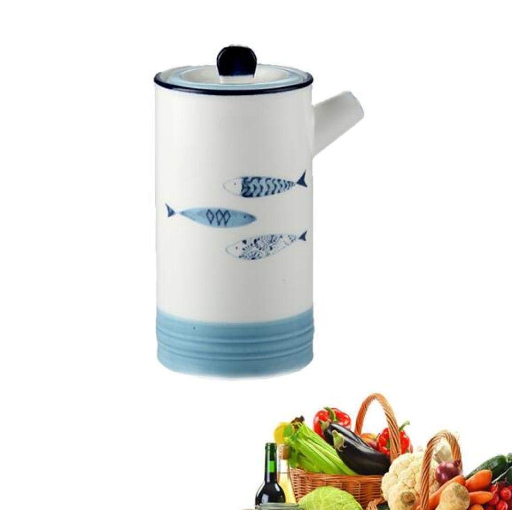 Botella de vinagre de Aceite Dispensador de ollas Frasco de Especias Cocina Cerámica Dispensador de Salsa de Oliva A Prueba de Polvo y a Prueba de Fugas 450ML Patrón de Pescado azu