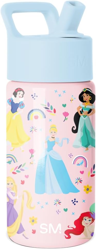 Simple Modern Disney Princess Kids Water Bottle with Straw Lid | Reusable Insulated Stainless Steel Cup for Girls, School | Summit Collection | 14oz, Princess Rainbows