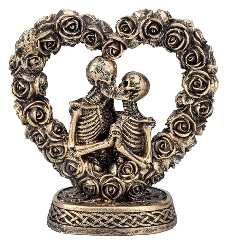 Figuren Shop GmbH Couple de squelettes s'embrassant dans un cœur de rose - Figurine de squelette - Bronze - 12 cm - Figurine gothique Fantastique Statue