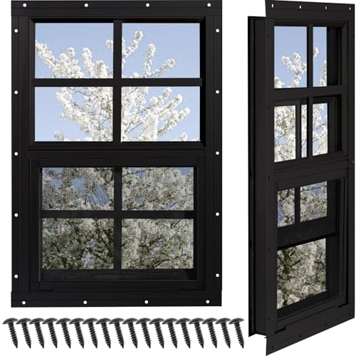 NOTASA Schuppenfenster, Hühnerstallfenster, 30,5 x 45,7 cm, mit gehärtetem Glas und Fiberglas-Bildschirm, bündig montiertes kleines Fenster für Schuppen, Scheunen, Spielhaus, Haushalt, Garage (schwarz NOTASA Schuppenfenster, Hühnerstallfenster, 30,5 x 45,7 cm, mit gehärtetem Glas und Fiberglas-Bildschirm, bündig montiertes kleines Fenster für Schuppen, Scheunen, Spielhaus, Haushalt, Garage (schwarz