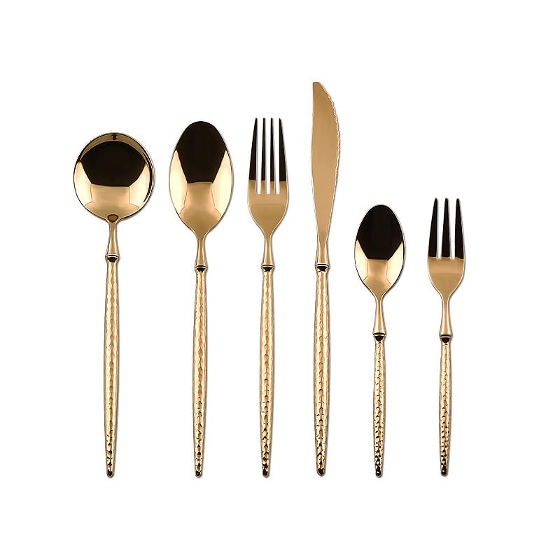 Ce Service de Couverts, composé de 6, 24, 36 ou 48 pièces en Acier Inoxydable 304, Comprend Une Fourchette et Une cuillère. Idéal pour la Table à la Maison, il est doté d'un Manche martelé m
