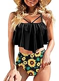 CHORPETI Damen-Badeanzüge Zweiteilige Badeanzüge für Damen Tankini-Oberteil mit Rüschen und Bikini-Unterteil (Sun Flower, XL)