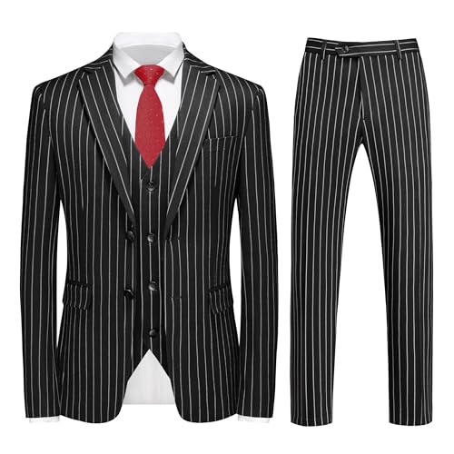 MOGU Mens 3 Piece Pinstripe Suit Slim Fit Double Vents Tuxedo Jacket Vest & Pants Casual Dress Set