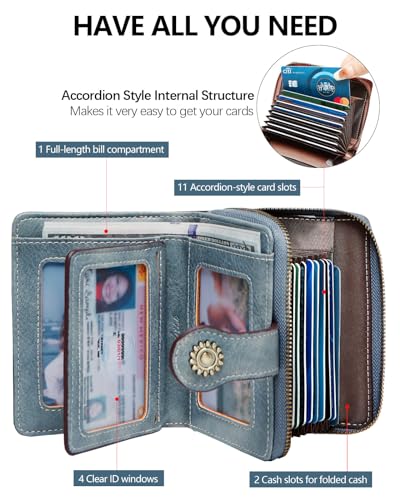 Small Womens Wallet Leather RFID Blocking Bifold Compact Card Holder Ladies Zipper Accordion Pocket with ID Window Blue2