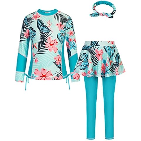 Danna Belle Girls 3 Piece Long Sleeve Rash Guard Swimsuit Set Bathing Suit 5-12Y, Light Green Floral, 5-6 Years Cover