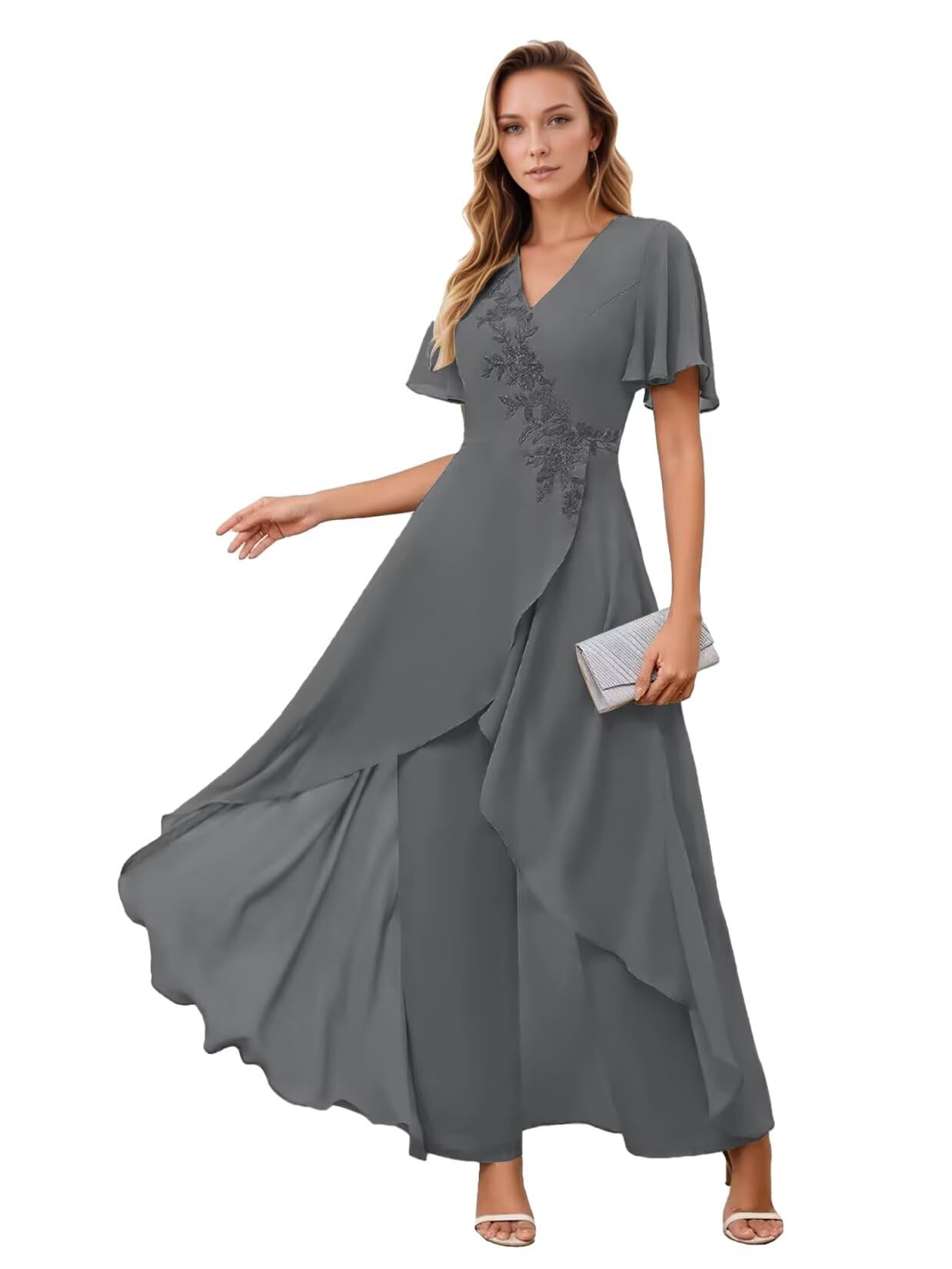 Chiffon Mother of The Bride Pant Suits with Lace Appliques Short Sleeves Wedding Guest Formal Evening Outsits