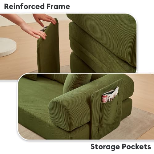 Image of 107 inch Modular Sectional Sofa Bed, L-Shape Corduroy Boneless Couch, Green
