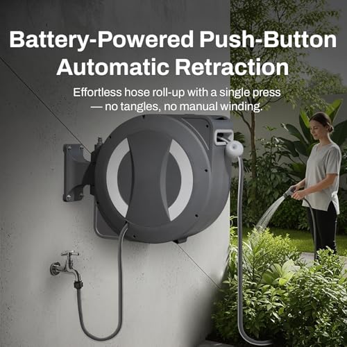 Image of Betta EaseReel Battery-Powered Wall-Mounted Retractable Hose Reel, with Quick-Access Dual Hose Length Control, 8 Spray Patterns Nozzle, Automatic Roll-Up & Tangle-Free Hose Guide (1 /2'', 100FT /30m)