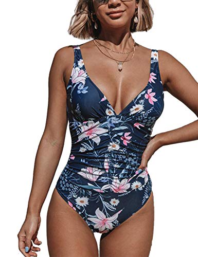 Blooming Jelly Women's Sexy Floral Print One Piece Swimsuits High Rise Bathing Suit Blue