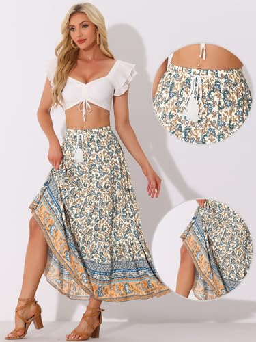 Allegra K Boho Skirt for Women's Casual Peasant Floral Bohemian Tassels Elastic Waist Maxi Skirts2