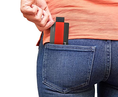 Image of Modern Carry Quick Draw Minimalist Wallet for Men & Women, Elastic Band Minimal Credit Card Holder with Leather Tab, Card Grabber for Long Nails, Money Clip Alternative (Black) (Neon Orange)