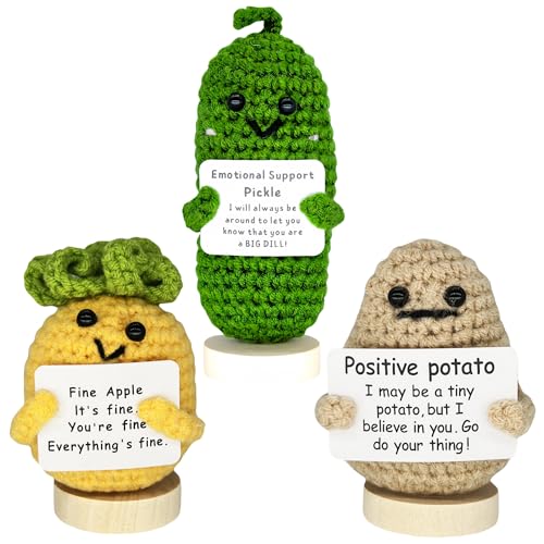 3Pcs Positive Potato Toy with Positive Card with Base Crochet Dolls Creative Cute Emotional Support Plush Gifts for Women Cheer Up Gift for Friends Parties Christmas Decoration and Encouragement.