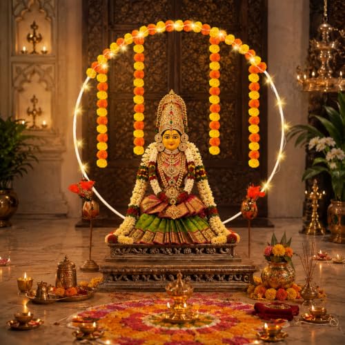 Image of Party Propz Circular Decoration Stand for Backdrop for Pooja - 5 Pcs Ganpati Decoration Setup For Home, Varalakshmi and Janmashtami Backdrop Stand with Artificial Marigold Flowers and Fairy Light