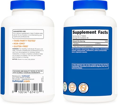 Image of Nutricost L-Citrulline 2500mg Per Serving, 60 Servings, 1250mg Per Tablet, 120 Tabs - GMO-Free and Gluten Free Supplement (Pack of 2)