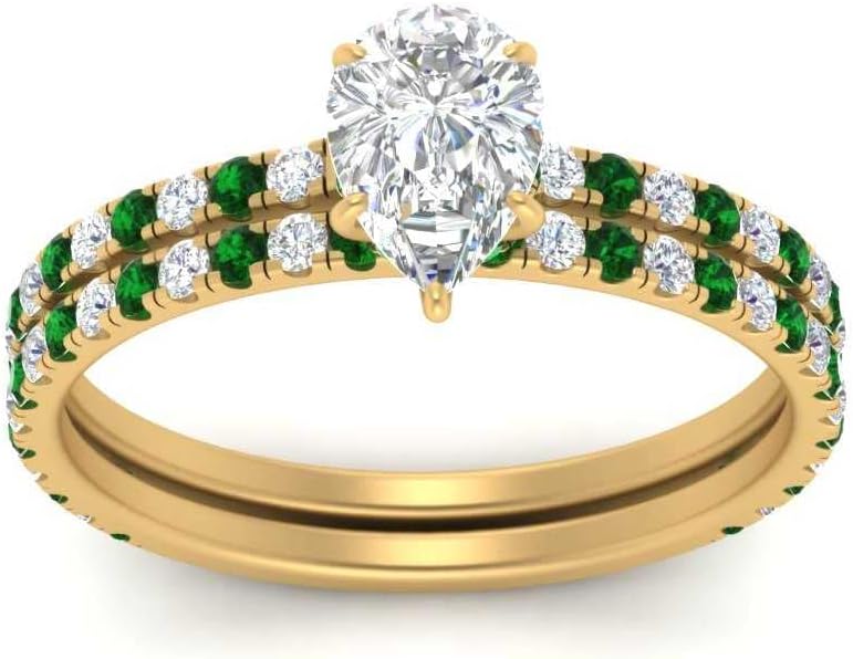 Choose Your Gemstone Three Quarter Diamond CZ Gallery Bridal Ring Yellow Gold Plated Pear Shape Wedding Ring Minimal Modern Design Birthday Wedding Gift US Size 4 to 12