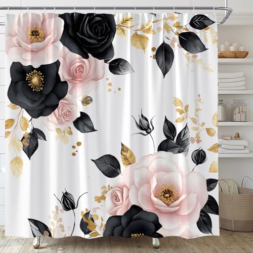 EVRCVAR Pink and Black Flower Shower Curtain Black and Gold Leaf Vintage Rose Watercolor Floral Modern Aesthetic Palnt Bathroom Curtain Fabric with Hooks(70