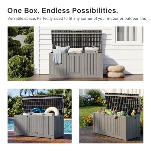 Image of EAST OAK Outdoor Storage Box, 100 Gallon Deck Box, Waterproof Resin Storage Bench for Patio Cushions, Gardening Tools, Pool Toys, Lockable, UV Resistant, Grey