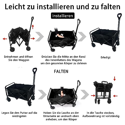 PRIJESSE Bollerwagen Faltbar, bis 150 kg Tragkraft Transportwagen, Gartenanhänger, Draussen Camping Einkaufen Handwagen, inklusive 2 Netztaschen, ohne Dach, Schwarz/Black – Bild 5