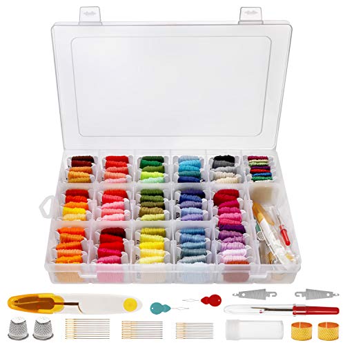 HANDI STITCH Kit Broderie (140 Pièces) - Broderie Kit Complet avec Boite de Rangement Transparente 91 Couleurs de Fil a Broder et 9 Fils Métalliques - Point de Croix pour Bracelet et Loisir Créatif