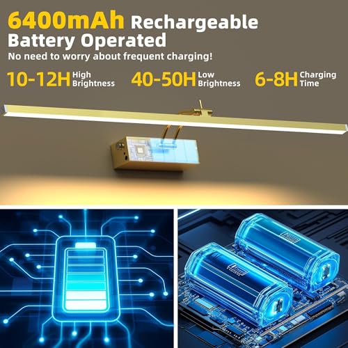 Image of 4 Pack Picture Lights for Wall, 23in Art Lighting for Paintings Cordless, 6400mAh Rechargeable Battery Operated Picture Light with Remote Dimmable and Timer for Artwork, Gallery, Display, Gold