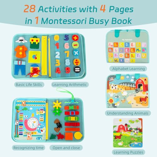 Image of WOODENFUN Busy Board Montessori Toys for Boy Girl Birthday Gifts, Busy Book Learning Sensory Easter Toys for Toddlers, Toddler Travel Autism Educational Activities Fine Motor Skills