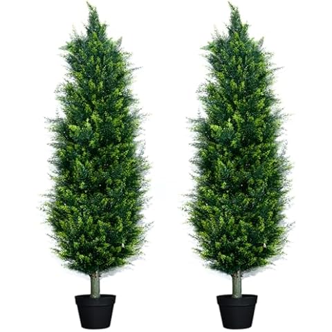 UNADRA Outdoor Christmas Trees for Front Porch Faux Cedar Topiary Shrubs 5ft Tall Set of 2– Potted Artificial Evergreen Pine Plants Bushes Home Decor, Fake Cypress Shrubs Entryway Decorations Cover