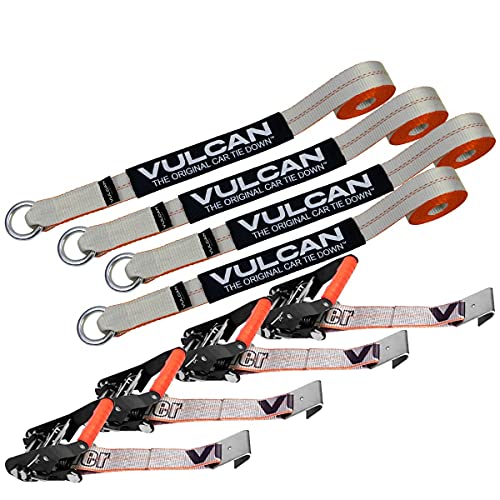 Vulcan Car Tie Down With Flat Hooks - Lasso Style - 2 Inch X 96 Inch - 4 Pack - Silver Series - 3,300 Pound Safe Working Load #TOP1